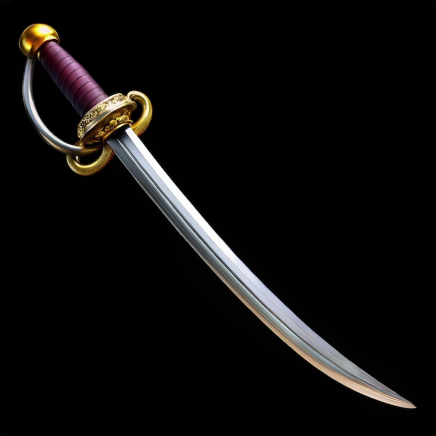 A Curved Pirate Saber With Ornate Golden Hilt Against A Black Background Generative AI