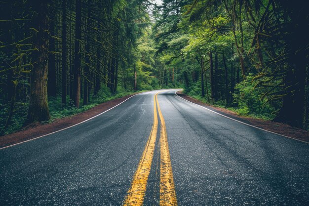 Curved road lined with trees