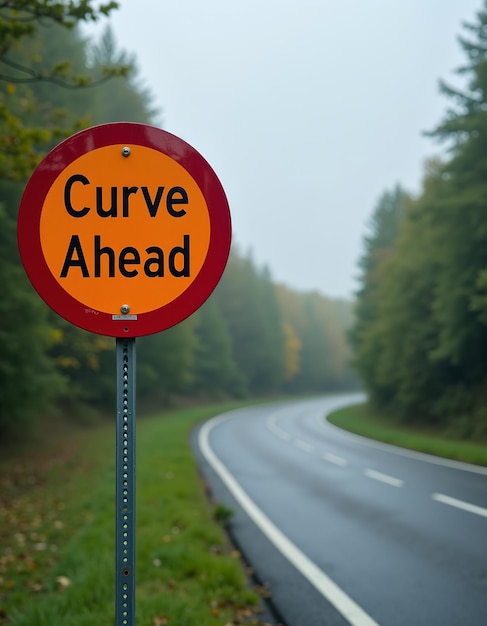 Photo curved road sign with sharp turn ahead