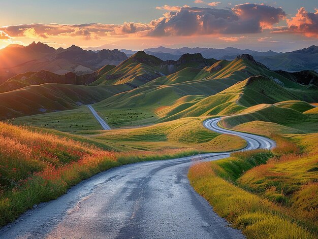 Curved Road Through Rolling Green Hills at Sunset