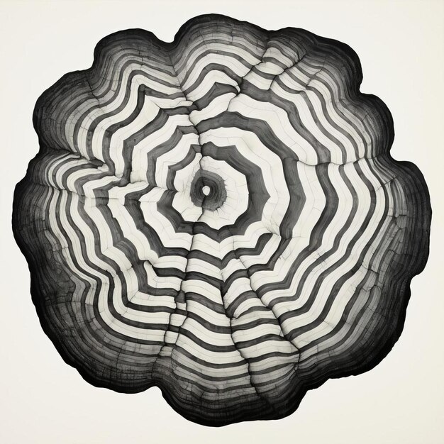 Curvilinear Heptadecagon Illustration With Striated Resin Veins In Monochrome Style