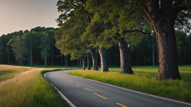 Curving road through lush green countryside landscape