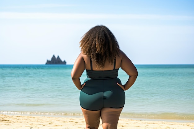 Curvy African American woman walking on the beach