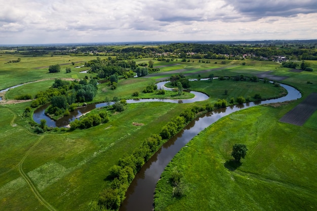 Curvy River Bends Nida in Poland Aerial Drone View