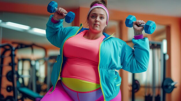 Photo curvy woman exercising with dumbbells at gym