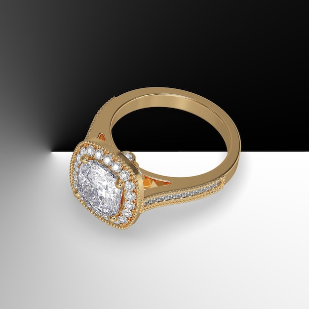 Cushion cut center diamond engagement ring with cathedral shank pave set stones 3d render