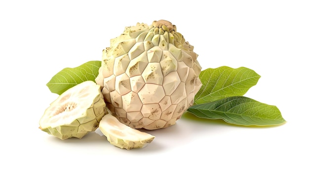 Custard apple with geometric pattern Fresh delicious fruit on a white background Closeup view with green leaves AI