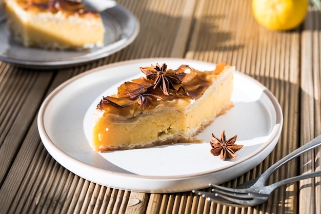 Custard of Galaktoboureko or bougatsa Greek traditional dessert baked in a pan with syrup its called Thessaloniki pie Handmade phyllo stuffed with sweet semolina cream