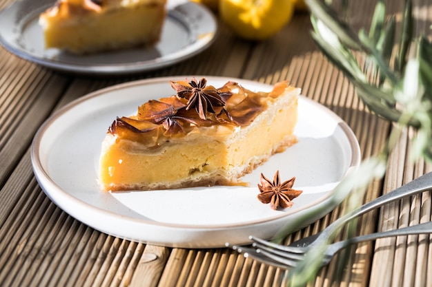 Custard of Galaktoboureko or bougatsa Greek traditional dessert baked in a pan with syrup its called Thessaloniki pie Handmade phyllo stuffed with sweet semolina cream