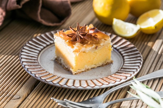 Custard of Galaktoboureko or bougatsa Greek traditional dessert baked in a pan with syrup its called Thessaloniki pie Handmade phyllo stuffed with sweet semolina cream