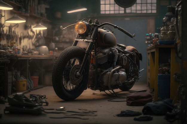 Custom Bobber Motorbike Standing in an Authentic Creative Workshop AI Generation