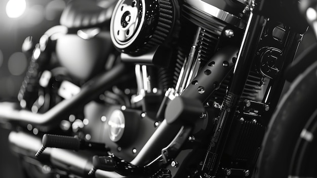 Custom built motorcycle39s vtwin engine shines in workshop lighting