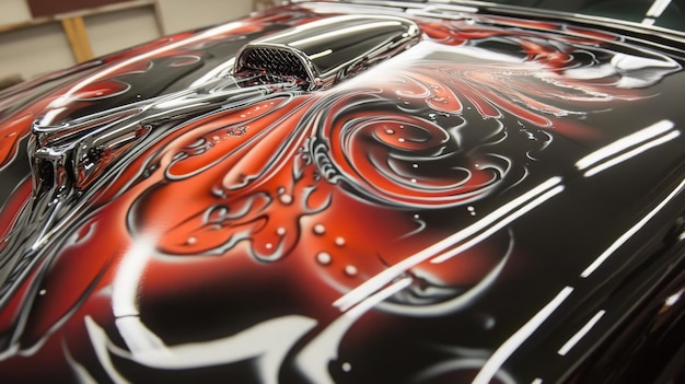 Photo custom car hood with intricate red and black airbrush art in a garage