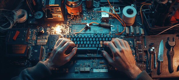 Custom Keyboard Soldering in HighTech Workshop for Electronics Enthusiasts Detailed CloseUp Scene