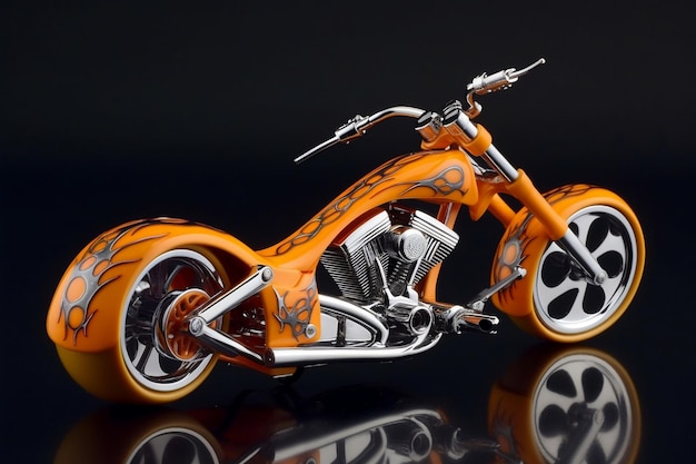 A custom orange motorcycle with flames on the side.