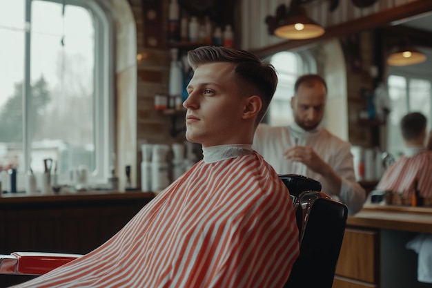 Photo customer admiring his haircut in barber shop