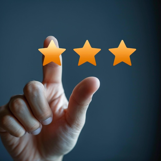 Photo customer approval closeup of finger tapping five star excellent rating for satisfaction for social m