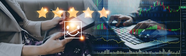 Customer evaluation feedbackmen in suit Giving Positive Review for Clients Satisfaction Surveysgiving a five star rating Service rating satisfaction concept