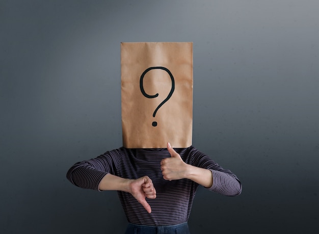 Customer Experience Concept. Client Woman with Question Mark Icon on Paper Bag