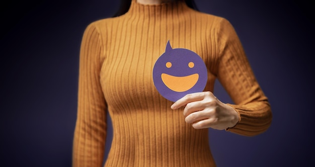 Customer Experience Concept Happy Client giving Positive Review Exellent Feedback for Products and Services Client Satisfaction Surveys Smiling Face Mind and Mental Health