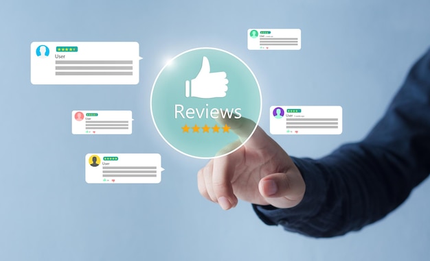 Customer experiencereview conceptHands showing on five star excellent rating