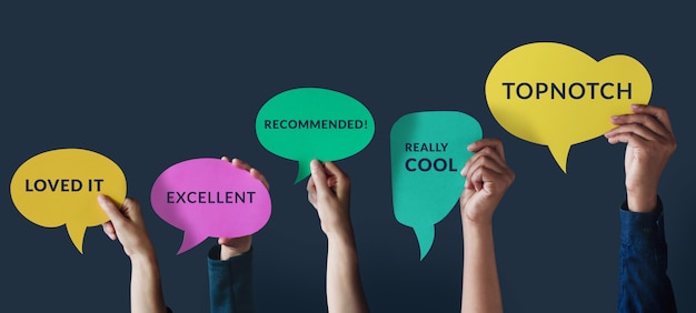 Customer Experiences Concept. Group of Happy People Raised up Hand to Giving a Positive Review on Speech Bubble Card. Client's Satisfaction Surveys.