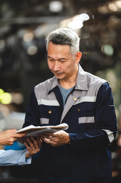 Customer making inspection check to a car engine repair occupation job at garage service mechanic technician person workshop to vehicle auto maintenance transportation term of automobile industry