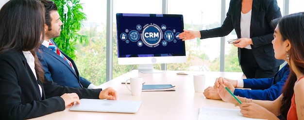 Photo customer relationship management system on modish computer for crm business