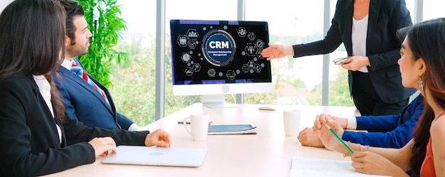 Photo customer relationship management system on modish computer for crm business