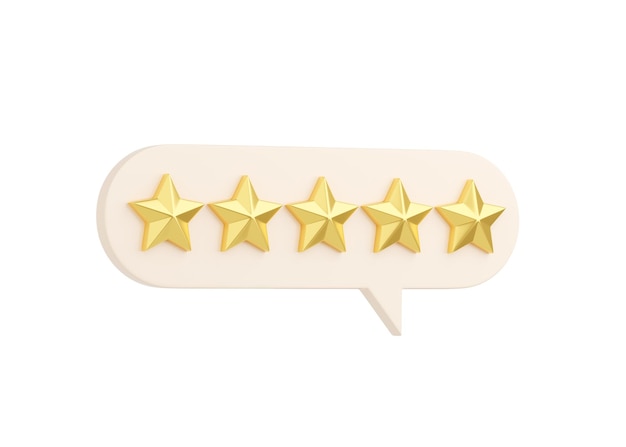 Customer review 3d render illustration five golden stars on speech bubble