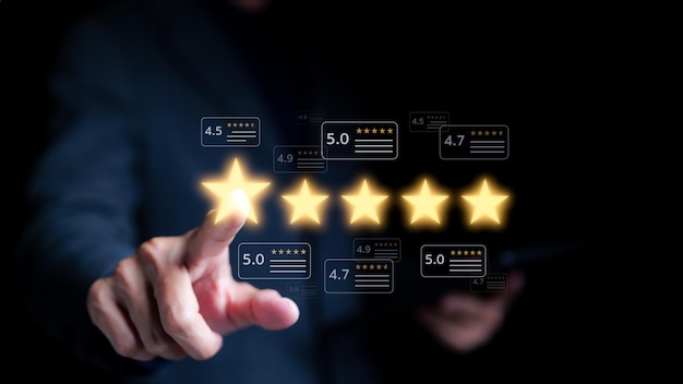 Customer review satisfaction feedback survey concept Man or User give rating to service excellent experience on a phone application Client evaluate quality of service reputation ranking of business