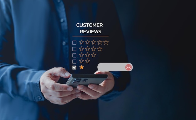 Customer review satisfaction feedback survey concept User give rating to service experience on online application Customer can evaluate quality of service leading to reputation ranking of business