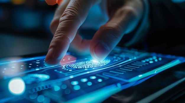 A customer scans their fingerprint on a small device gaining access to their account with the help