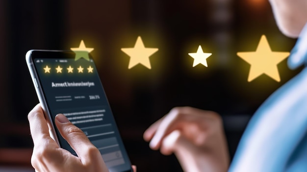 Customer service evaluation concept User pressing smile face emoticon on virtual touch screen quality review feedback survey best rating positive five star marketing research satisfaction client