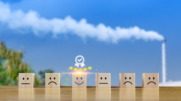 Customer service evaluation and satisfaction survey service rating concepts wooden block cube with happy face smile face ISO certification and standardization concept