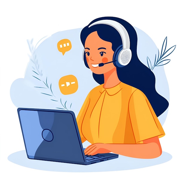 Photo customer service woman with headphones and microphone with laptop concept illustration for support