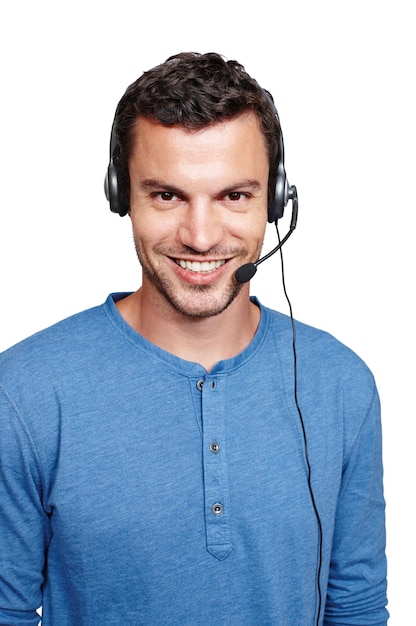 Customer support communication studio portrait and man talk on contact us CRM telemarketing or call center Telecom microphone happy customer service and consultant consulting on white background