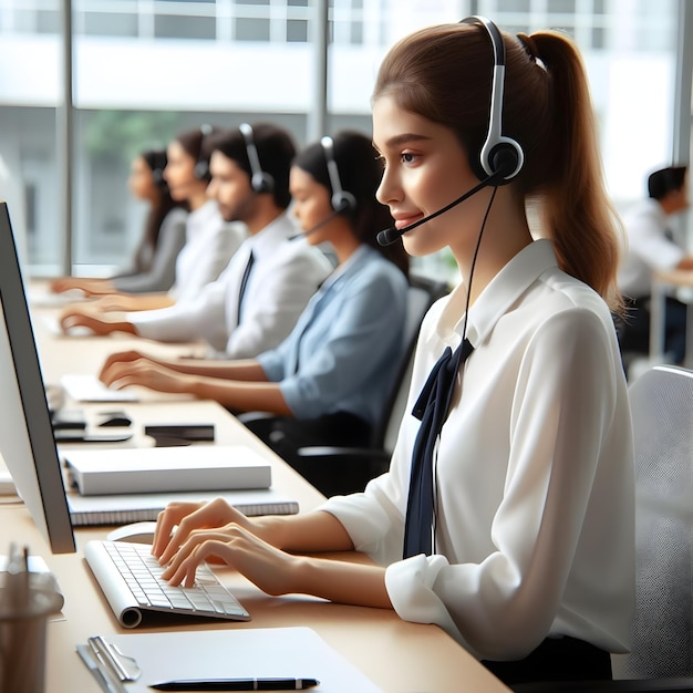 Photo customer support team providing assistance from a modern call center during daytime hours