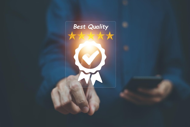 Customer survey quality review Businessman give rating to service experience on online application Customer review satisfaction feedback survey concept Customer can evaluate quality of service