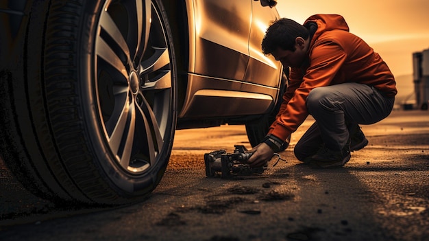 customer tire fitting in the car service auto mechanic checks the tire and rubber tread for safety concept repair of machines fault diagnosis repair