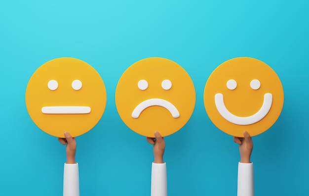 Customers express their feelings through emoticon badges on blue background