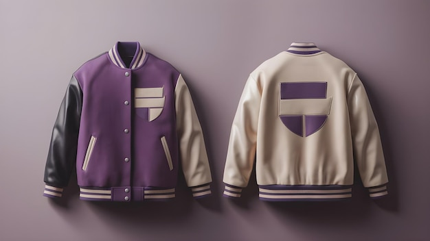 An customisable commercial useappropriate mockup of a varsity jacket in the colours beige