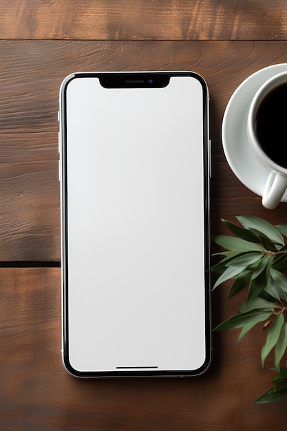 Customizable screen mockup on a smartphone against the background of a cup with a drink