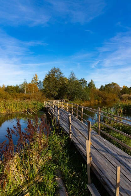 Customized, Homemade pedestrian bridge across the river. Autumn landscape.