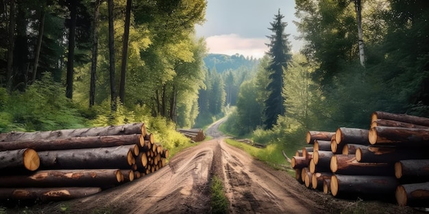 Cut down tree logs by the road in the forest