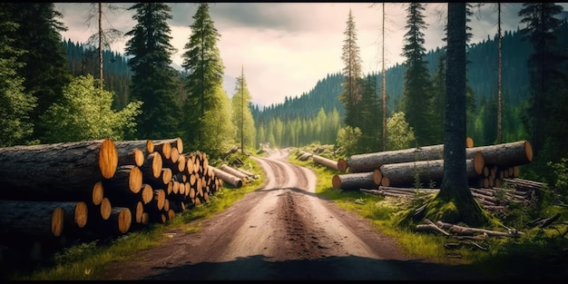 Cut down tree logs by the road in the forest