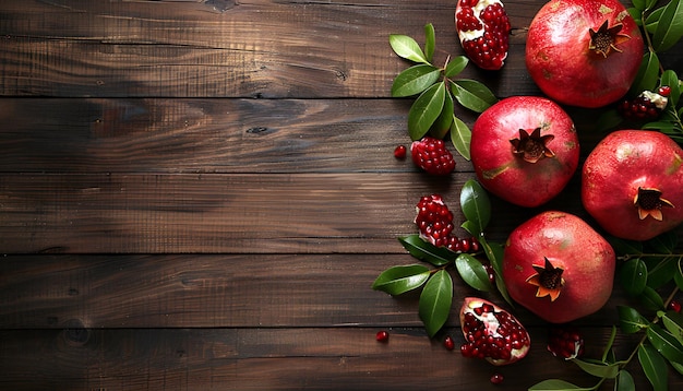 Cut fresh pomegranate and green leaves on wooden table space for text