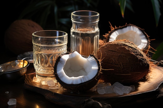 Cut half the coconut and the oil bottle on the wooden plate generative IA