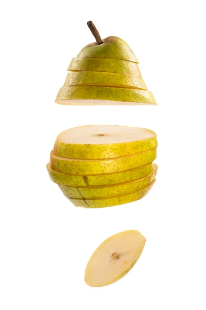 Cut into slices of ripe pear on a white background