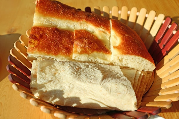 Cut Matnakash Armenian Bread and Lavash Flat Breads in a Wooden Basket